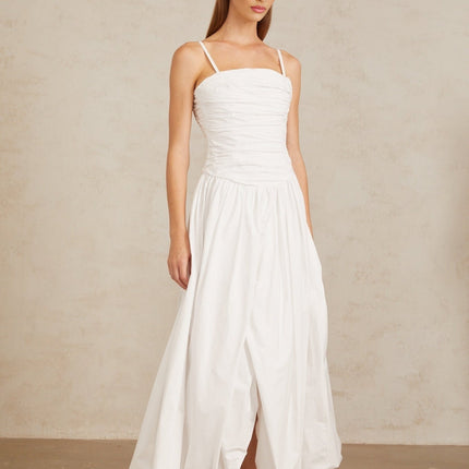 Linda White Ruched Maxi Gown in White Cotton Square Neckline Sleeveless Spaghetti Straps Front Slit Bubble Hem