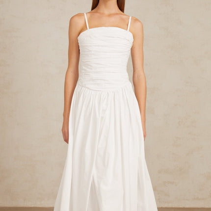 Linda White Ruched Maxi Gown in White 100% Cotton with Square Neckline and Front Slit