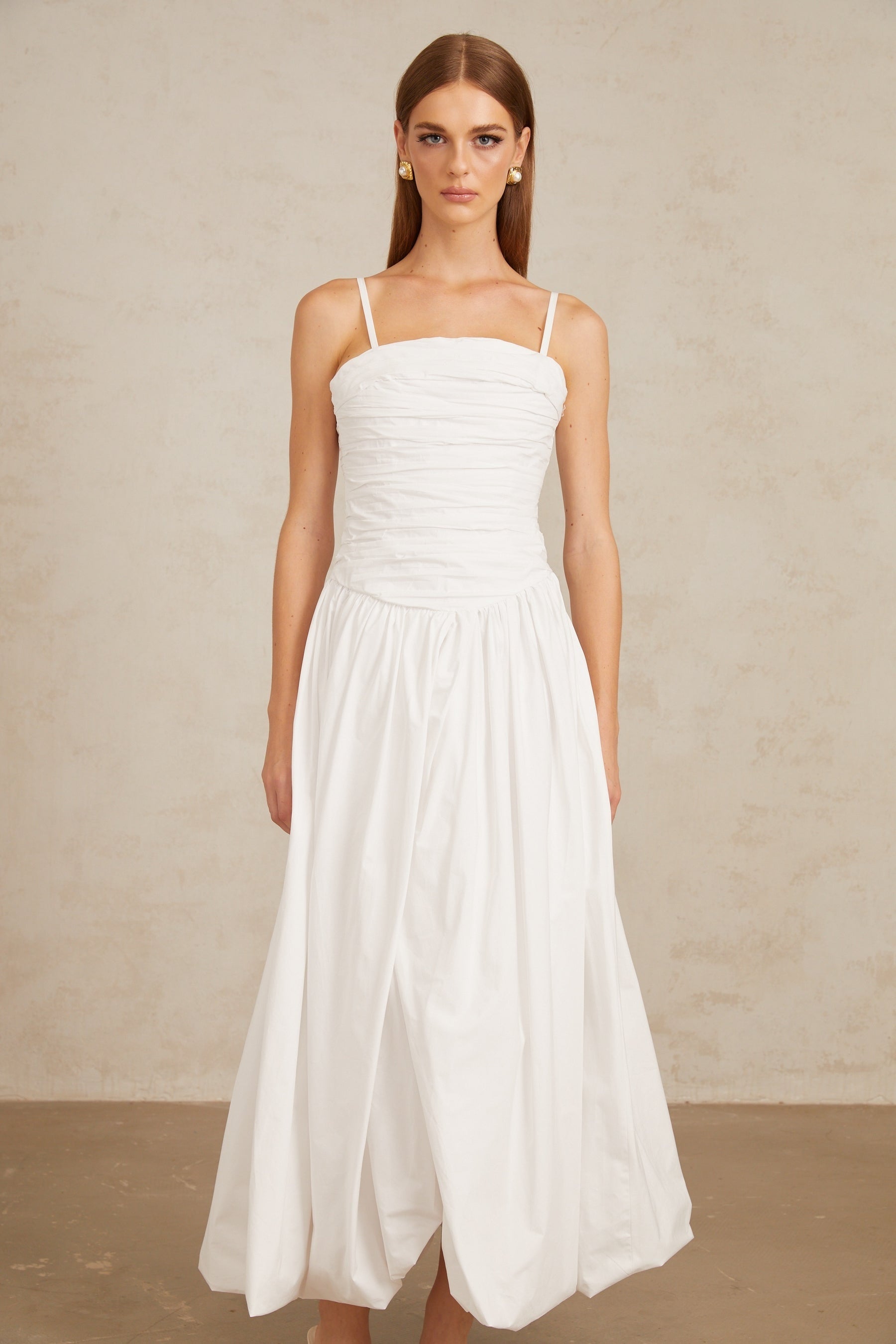 Linda White Ruched Maxi Gown