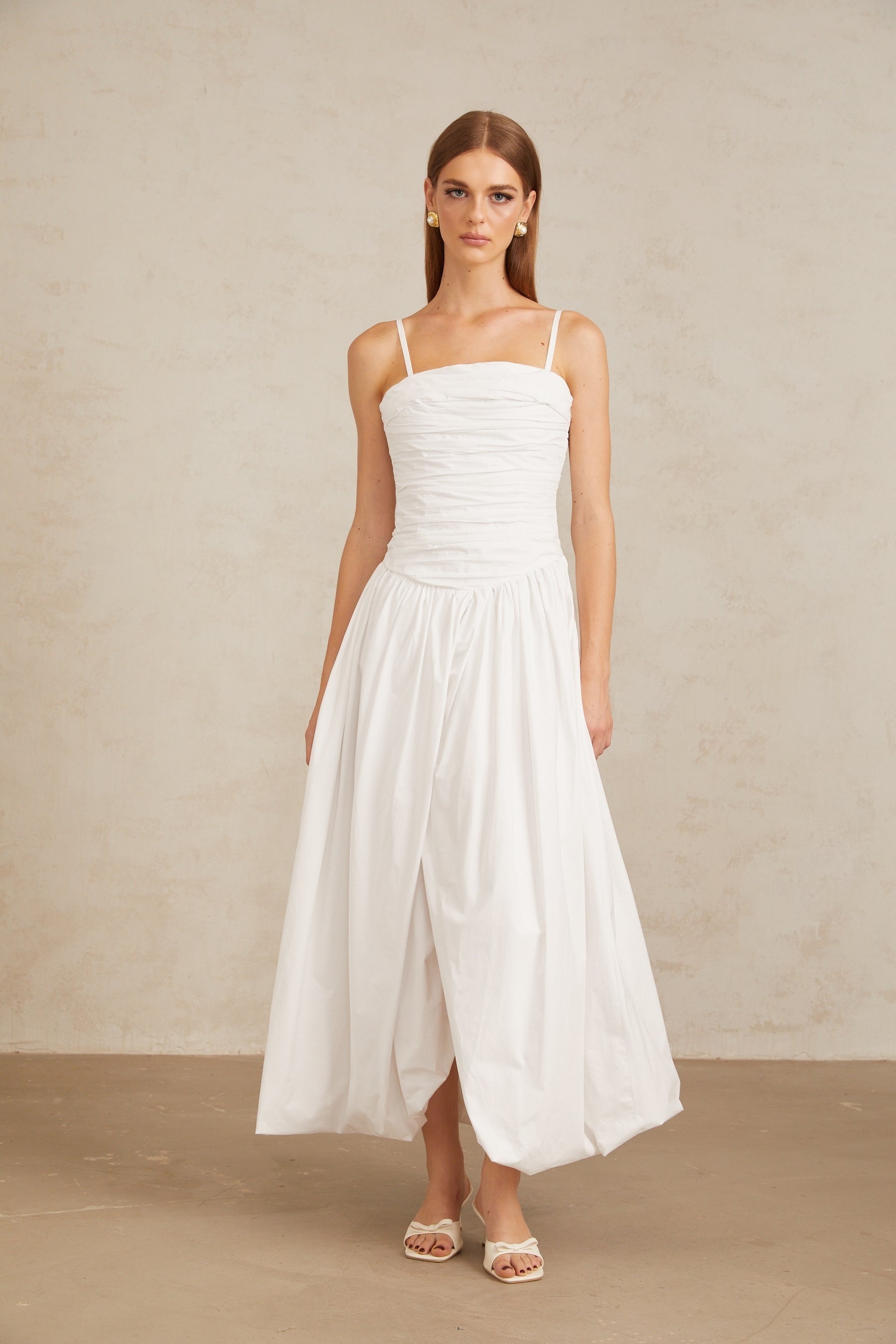 Linda White Ruched Maxi Gown