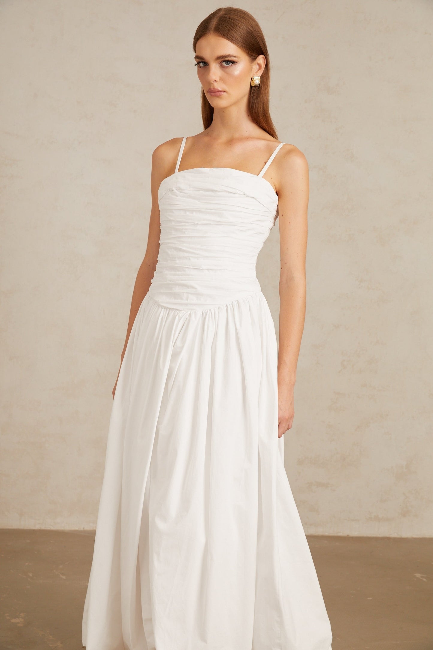 Linda White Ruched Maxi Gown