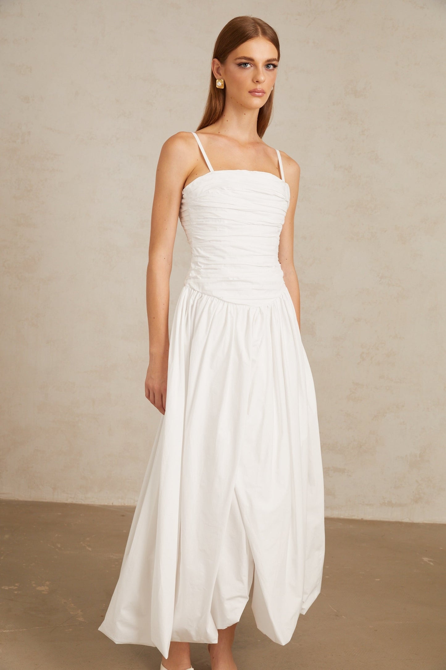 Linda White Ruched Maxi Gown