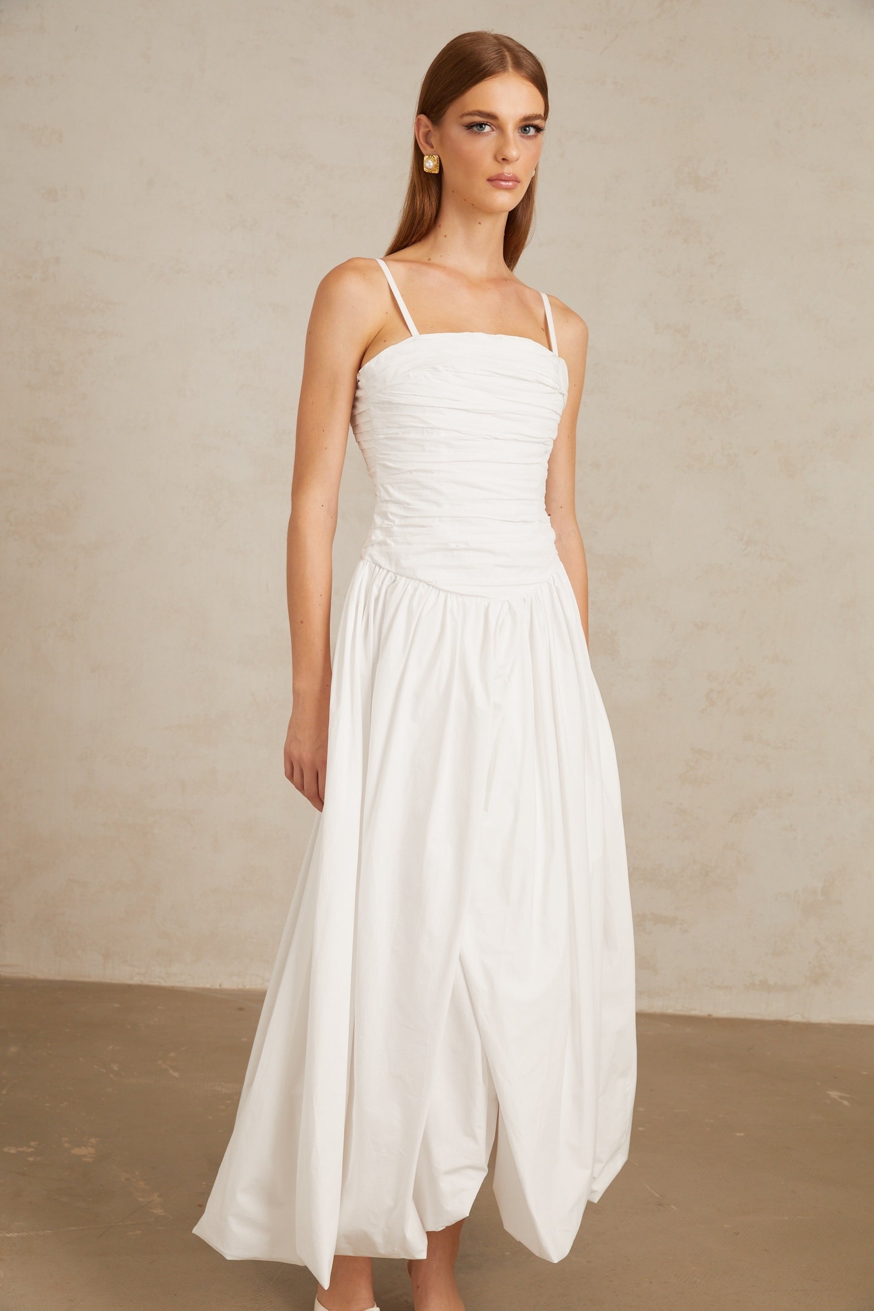 Linda White Ruched Maxi Gown