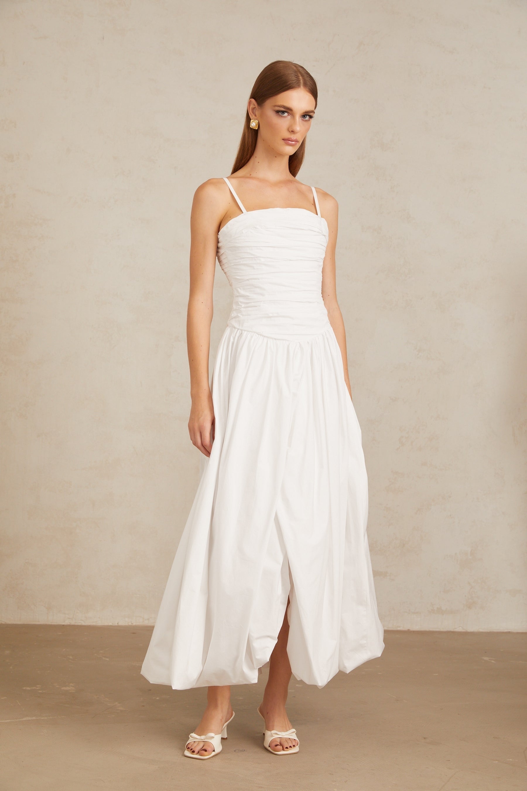 Linda White Ruched Maxi Gown
