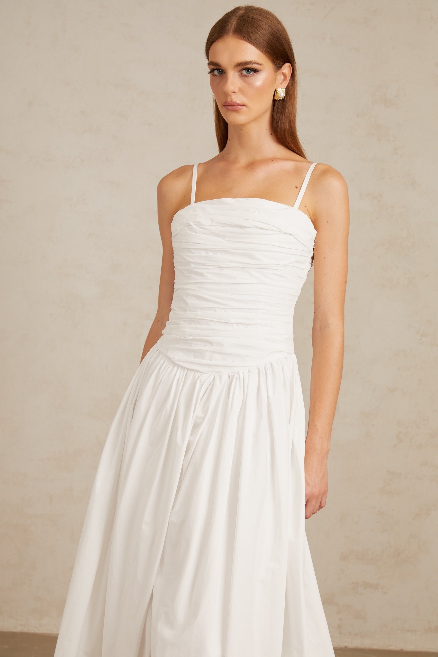 Linda White Ruched Maxi Gown
