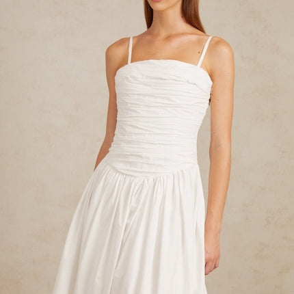 Linda White Ruched Maxi Gown in White Cotton Sleeveless Square Neckline Spaghetti Straps Front Slit Bubble Hem