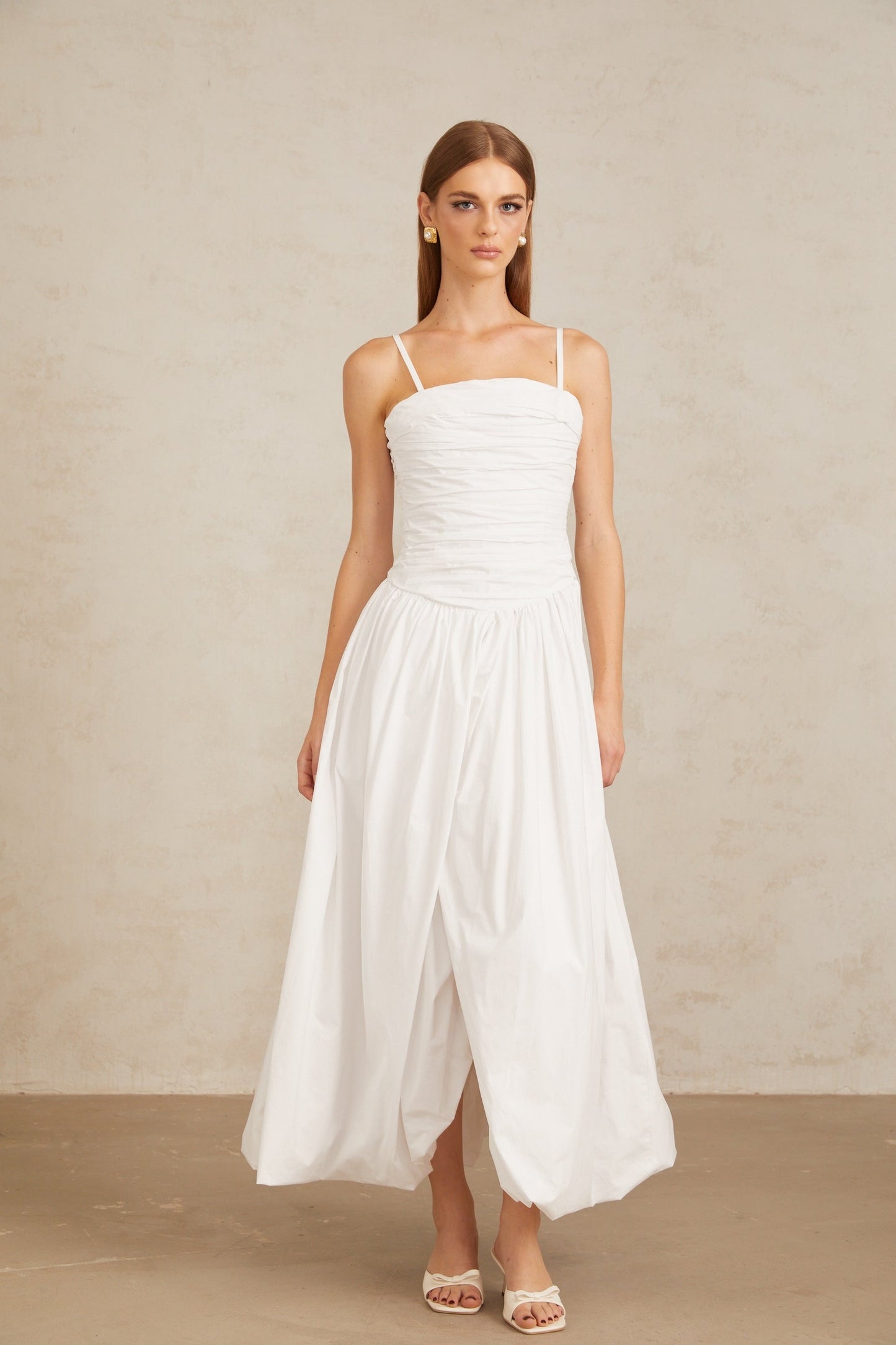 Linda White Ruched Maxi Gown