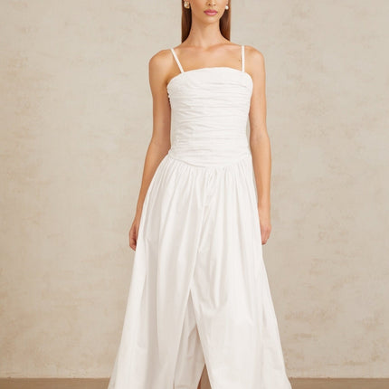 Linda White Ruched Maxi Gown 100% Cotton Square Neckline Sleeveless Spaghetti Straps Front Slit Bubble Hem