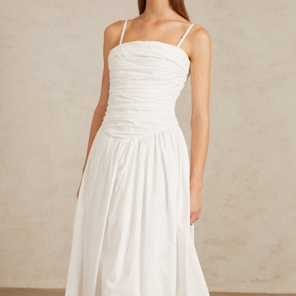 Linda White Ruched Maxi Gown in White Cotton Square Neckline Sleeveless Spaghetti Straps Front Slit Bubble Hem