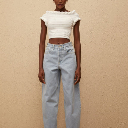 Lisette White Rhinestone Braided Ruched Top in White Terylene Fiber