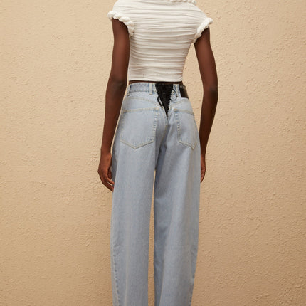 Lisette White Rhinestone Braided Ruched Top in White color