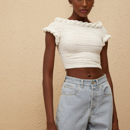 Lisette White Rhinestone Braided Ruched Top in White color