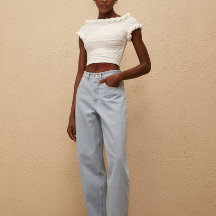 Lisette White Rhinestone Braided Ruched Top in White color