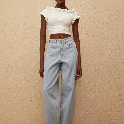 Lisette White Rhinestone Braided Ruched Top in White color
