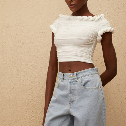 Lisette White Rhinestone Braided Ruched Top in White color