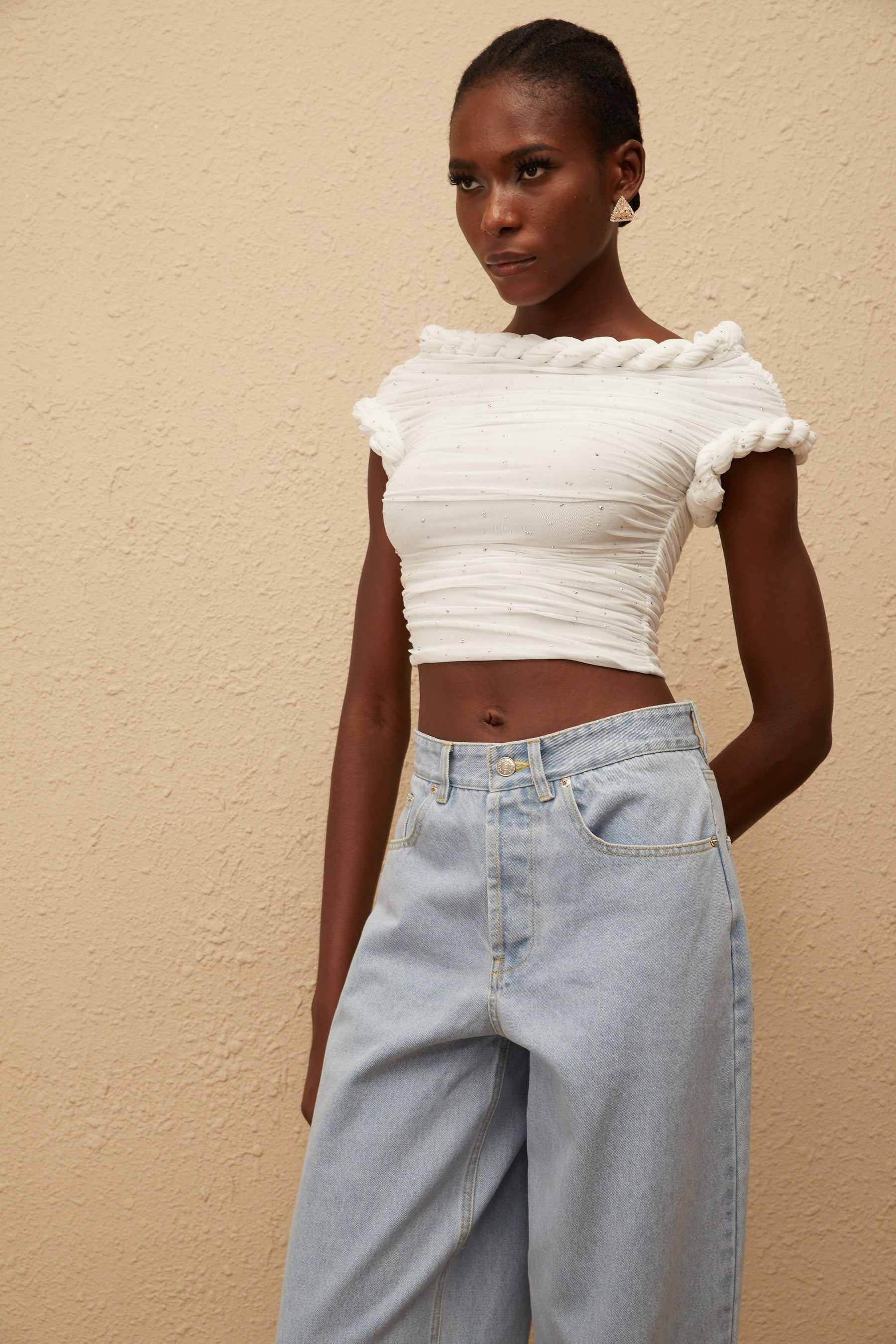 Lisette White Rhinestone Braided Ruched Top