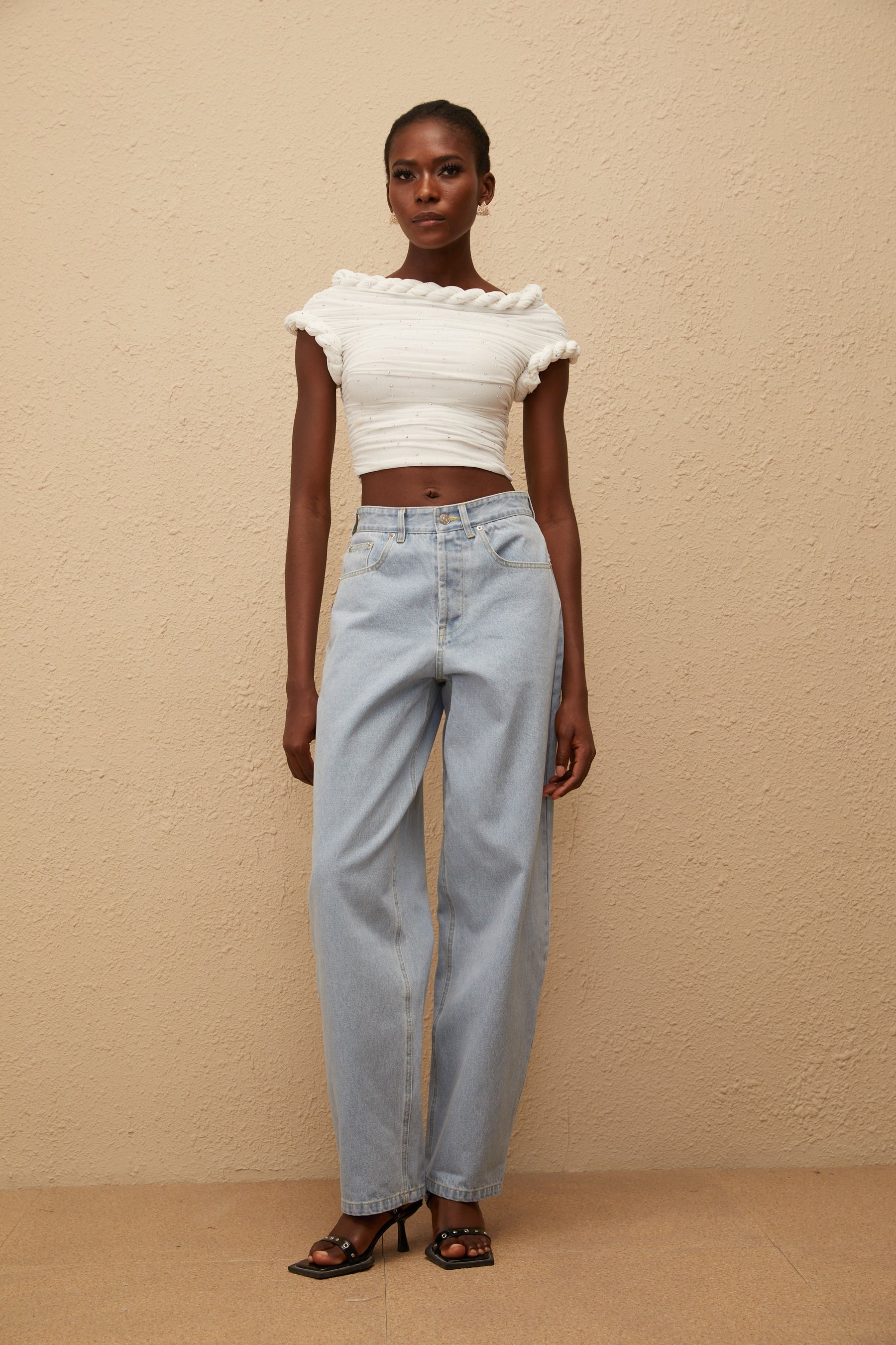 Lisette White Rhinestone Braided Ruched Top