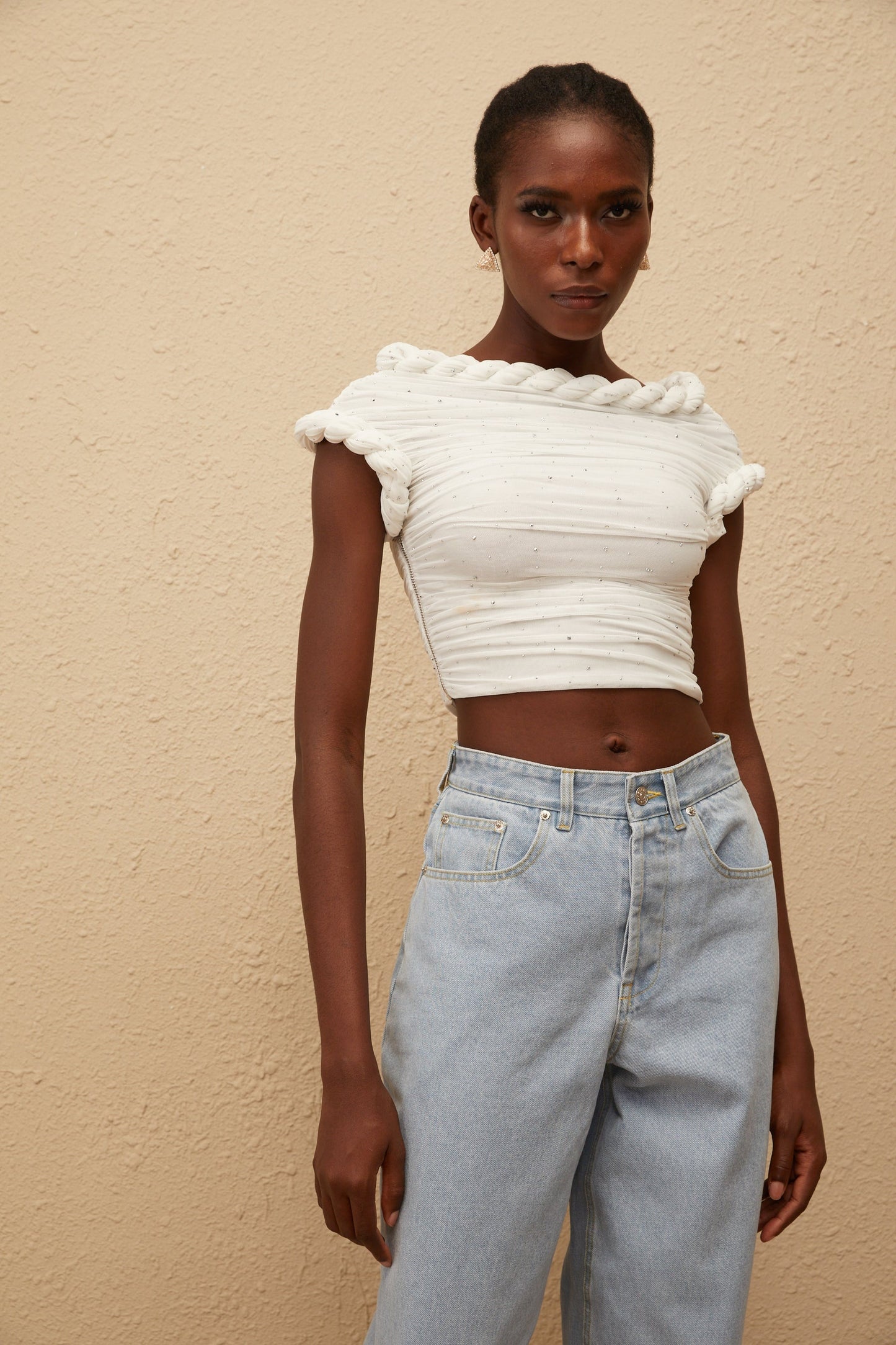 Lisette White Rhinestone Braided Ruched Top