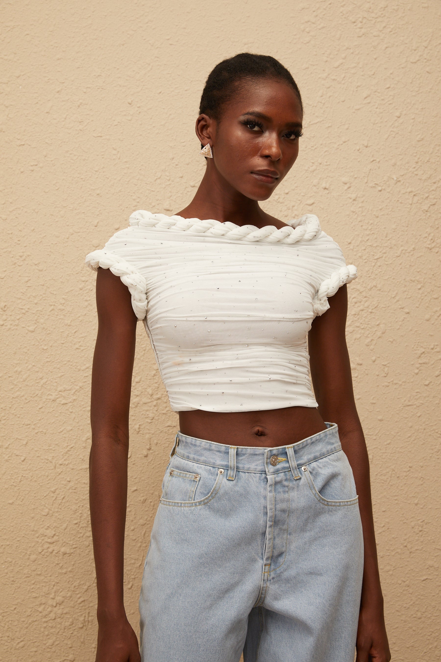 Lisette White Rhinestone Braided Ruched Top