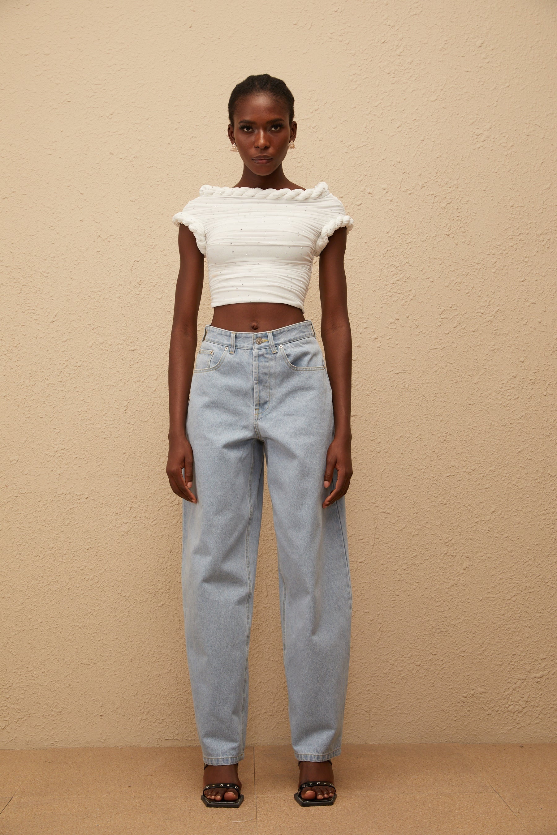 Lisette White Rhinestone Braided Ruched Top