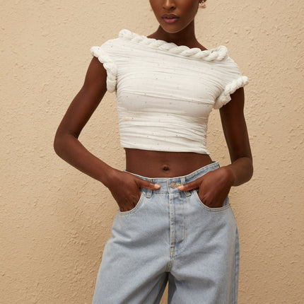 Lisette White Rhinestone Braided Ruched Top in White color