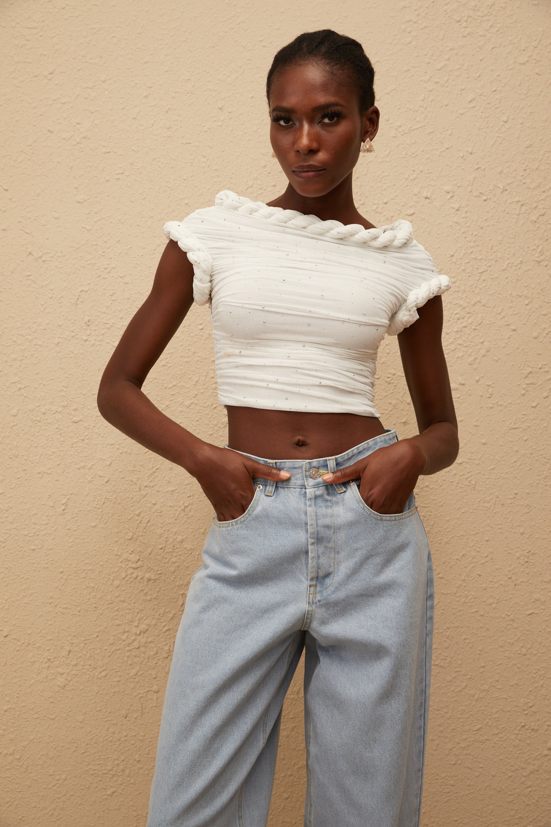 Lisette White Rhinestone Braided Ruched Top