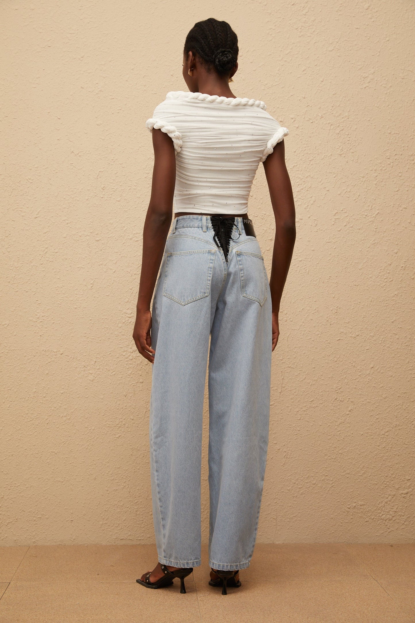 Lisette White Rhinestone Braided Ruched Top