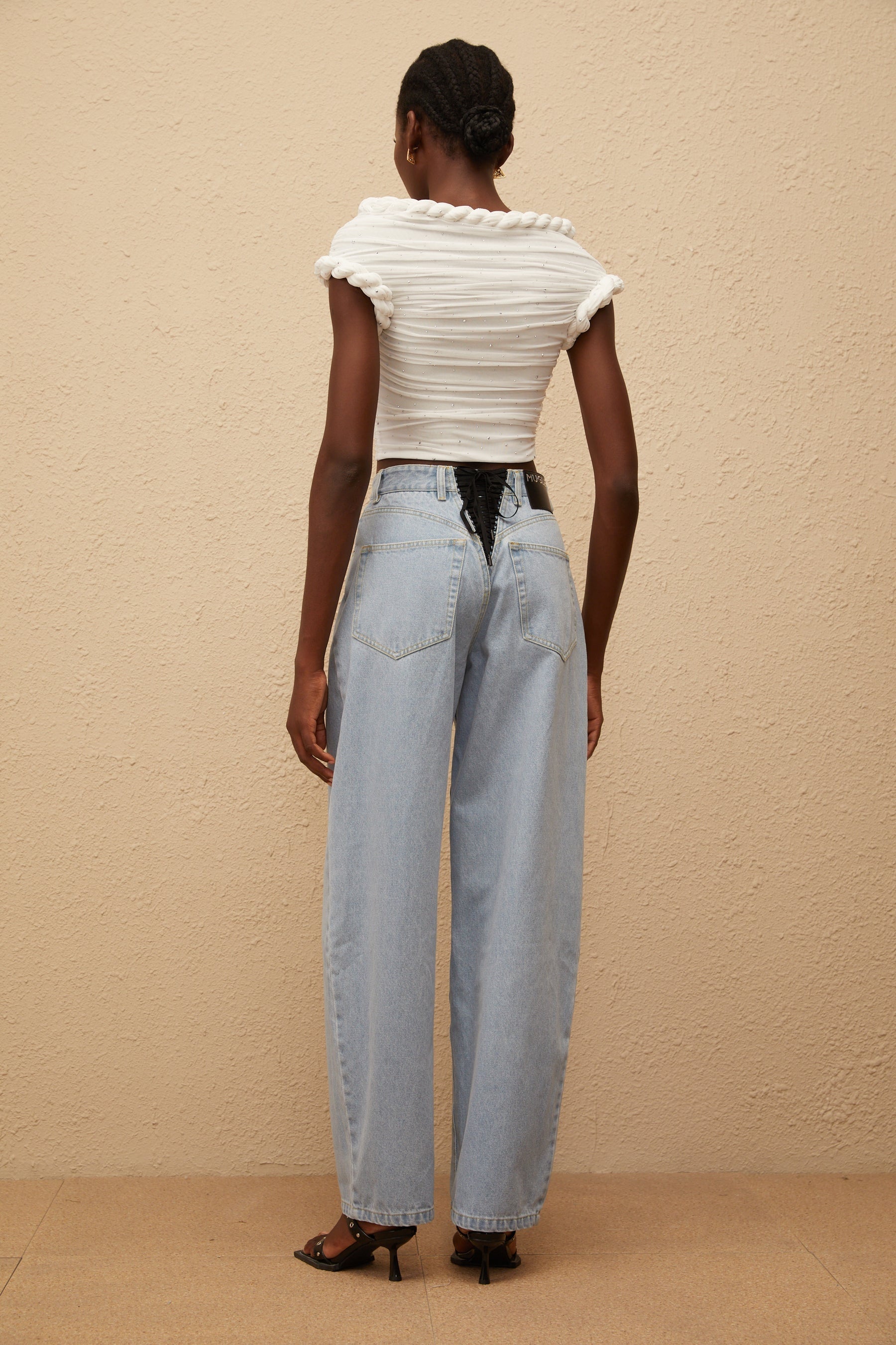 Lisette White Rhinestone Braided Ruched Top