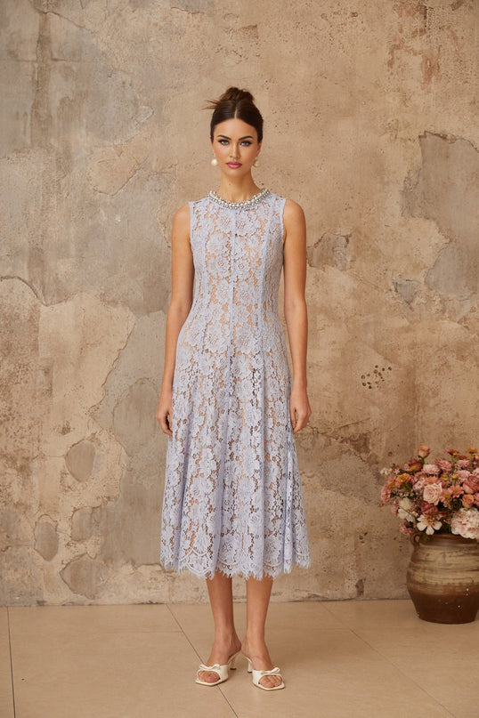 Lison blue midi dress with embellished floral lace pattern and design