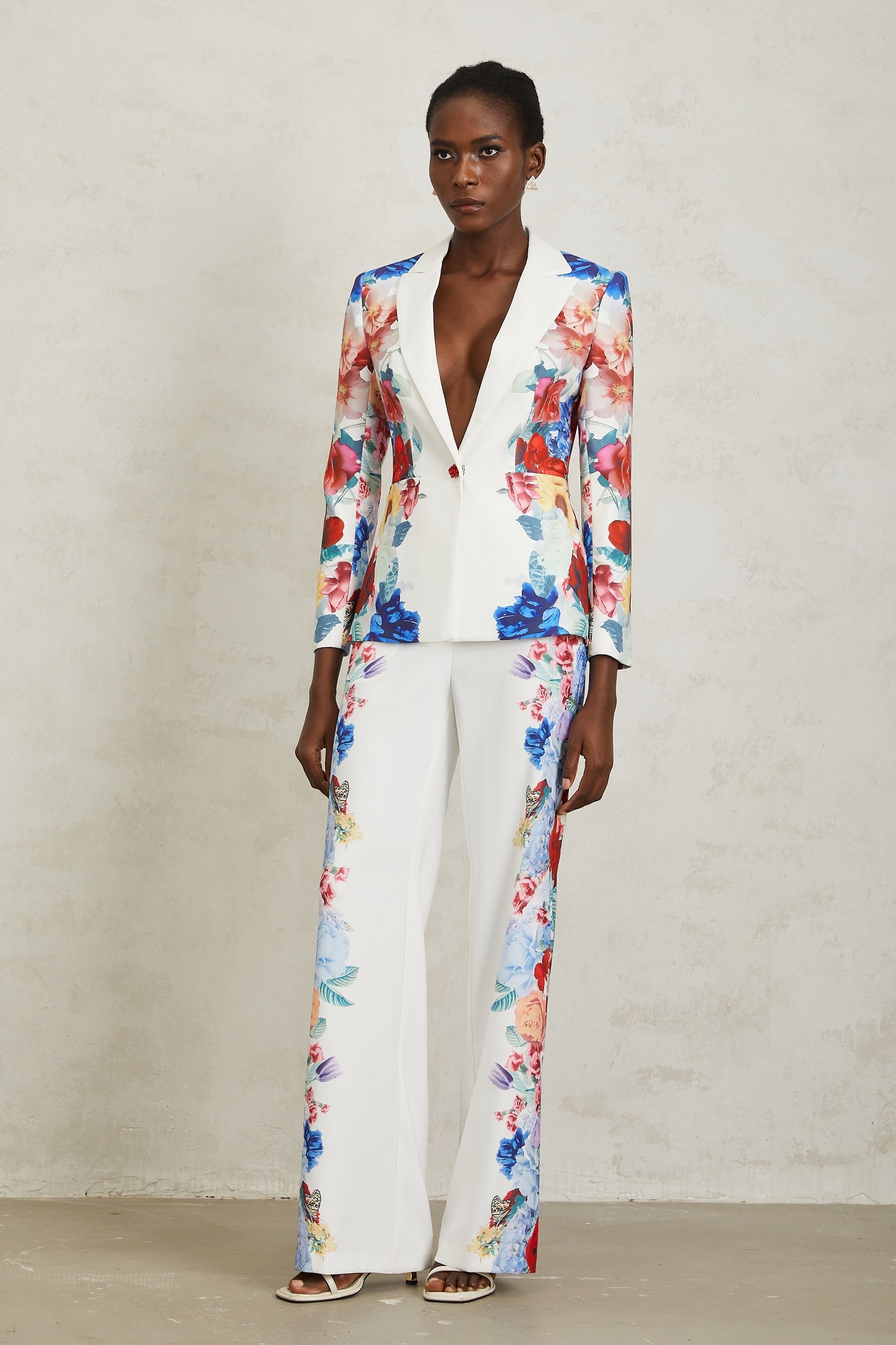 Lison White Floral Print Blazer  Trousers Set