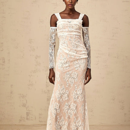Livia Maxi Dress Corset in White Floral Lace Ruched Square Neck Cold Shoulder Long Sleeve Gown