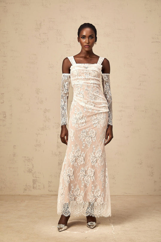 Livia Maxi Dress Corset in White Floral Lace Ruched Square Neck Cold Shoulder Long Sleeve Gown
