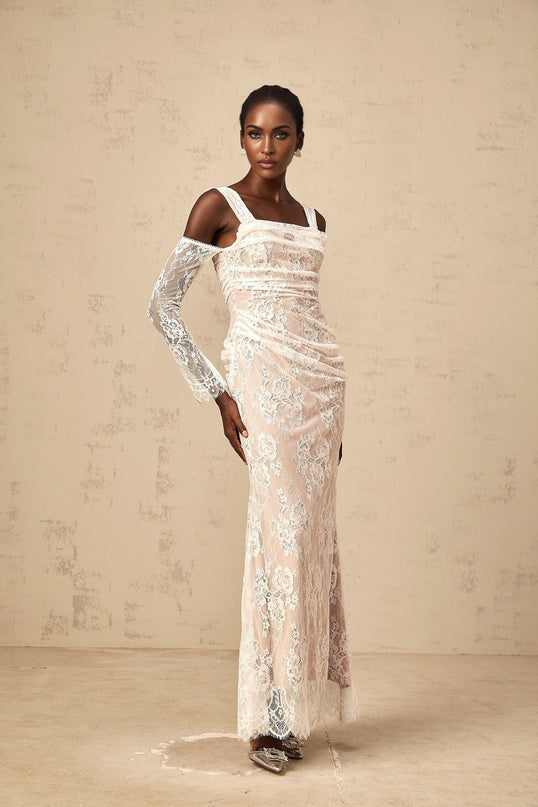 Livia Maxi Dress Corset White Floral Lace Ruched Square Neck Cold Shoulder Long Sleeve Gown