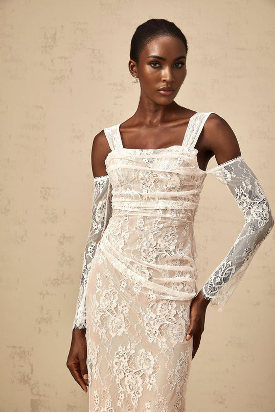 Livia Maxi Dress Corset White Floral Lace Ruched Square Neck Cold Shoulder Long Sleeves Chest Pads Rear Zip Fastening