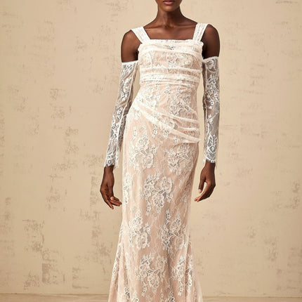 Livia White Lace Corset Maxi Dress with Cold Shoulder Design and Square Neck