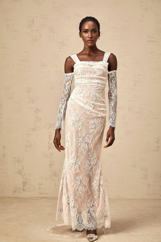 Livia White Lace Corset Maxi Dress with Cold Shoulder Design and Square Neck
