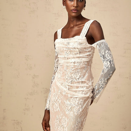 Livia White Lace Corset Maxi Dress with Cold Shoulder Design and Square Neck