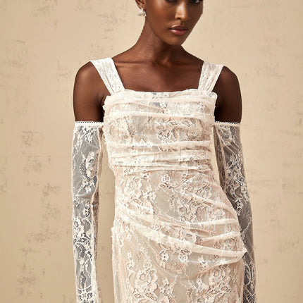 Livia White Maxi Dress Corset with Floral Lace Overlay and Cold Shoulder Design