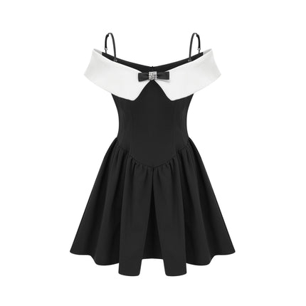 Lodovica Black Mini Dress with Bowknot Detail Spaghetti Straps and Pleats