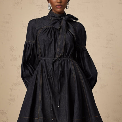 Lodovica Blue Denim Mini Dress Contrast-stitch Pleated Flared Skirt Long Sleeve Self-tie Zip Fastening