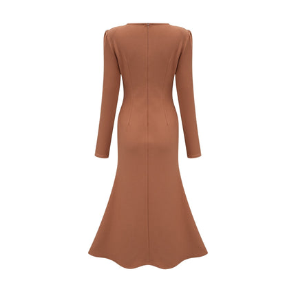 Lodovica Midi Dress in Neutrals Sequin Embellished Chic Khaki Long Sleeve Calf-Length