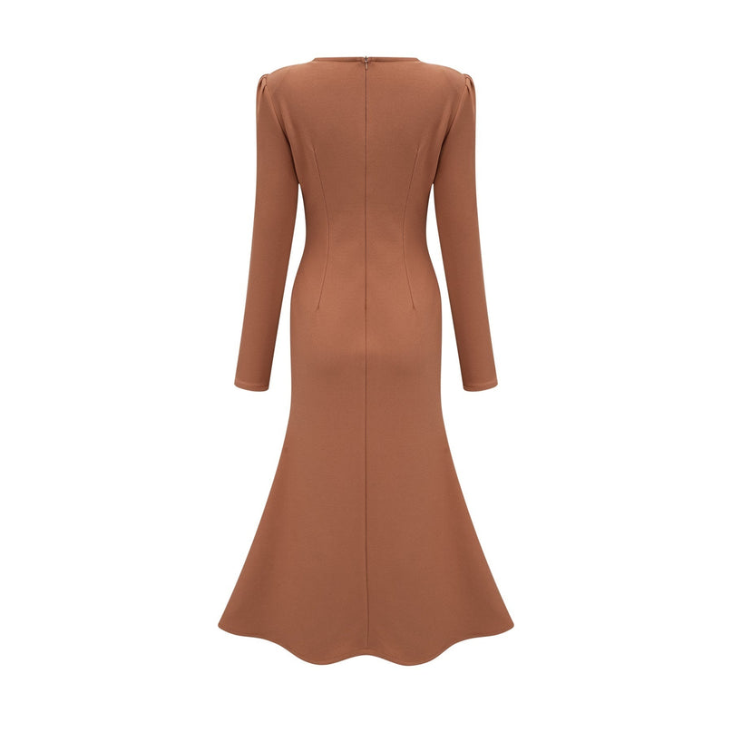 Lodovica Midi Dress in Neutrals Sequin Embellished Chic Khaki Long Sleeve Calf-Length