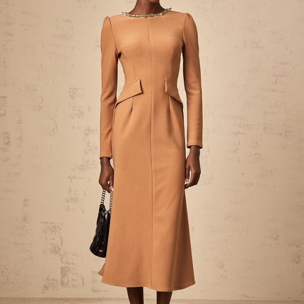 Lodovica Midi Dress in Neutrals sequin embellished chic khaki long sleeve calf-length faux pocket detailing rear zip fastening 95% Terylene fiber 5% Spandex