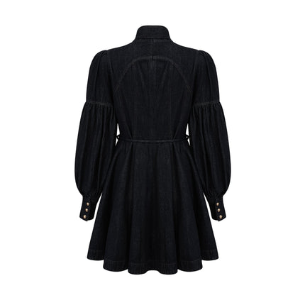 Lodovica Mini Dress Contrast-stitch Denim Blue Mock Neck Pleated Flared Skirt Self-Tie Long Sleeves Rear Zip Fastening 85% Cotton 15% Terylene