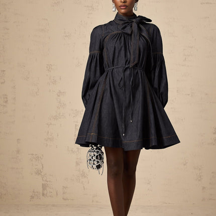 Lodovica Mini Dress Contrast-stitch Denim in Blue