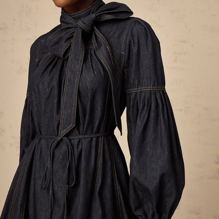 Lodovica Mini Dress Contrast-stitch Denim in Blue