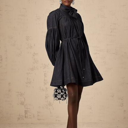 Lodovica Mini Dress Contrast-stitch Denim in Blue
