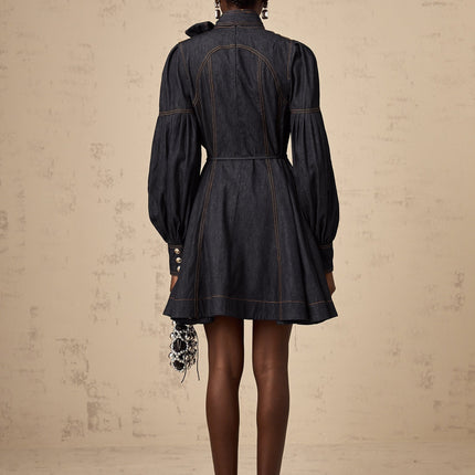 Lodovica Mini Dress Contrast-stitch Denim in Blue