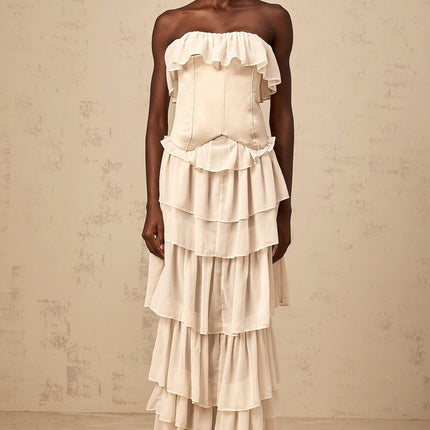 Lodovica Neutrals Corset Dress Set Beige Off Shoulder Boned Bodice Lace Up Tiered Chiffon Ruffled Maxi Length Terylene Fiber Luxury Style