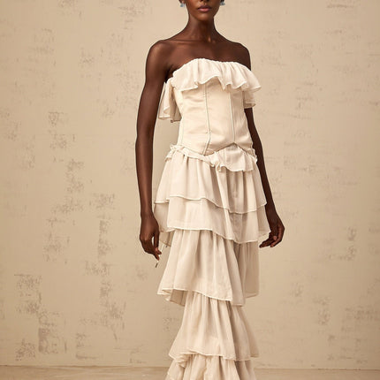 Lodovica Neutrals Corset Dress Set Beige Tiered Chiffon Ruffled Maxi Length Terylene Fiber Luxury Style